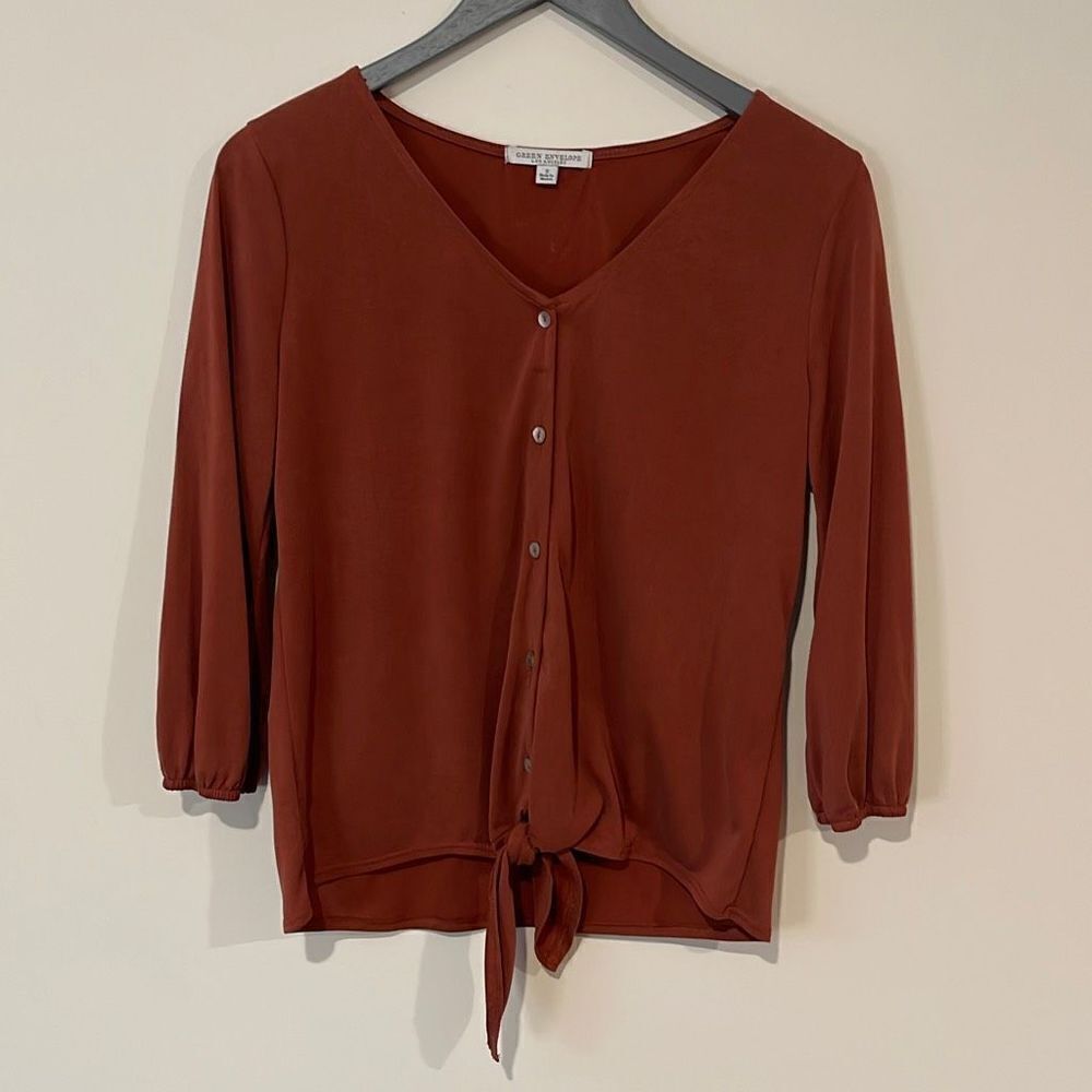 Green‎ Envelope Women’s Button Down Top Blouse Tie Knot Hem V Neck Brown Small